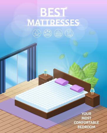 Best Best Orthopedic Mattress for Healthy Sleeping Isometric Vector Advertising Banner or Flyer with New, Breathable and Clean Double Mattress on Comfortable Bed in Cozy Bedroom Interior Illustrationのイラスト素材