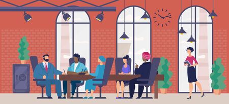 Business Meeting, Project Presentation in International Company Office Flat Vector Concept. Company Leader Sitting at Desk, Conducting Negotiations with Foreign Partners or Investors Illustrationのイラスト素材
