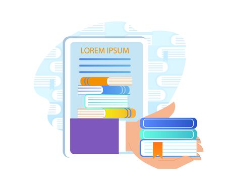 Hand Giving Books Out of Tablet or Smartphone. Electronic Library and Computing Reading Idea. E-Learning, Using Gadgets for Online Education Icon Isolated on White Background. Flat Vector Illustrationのイラスト素材