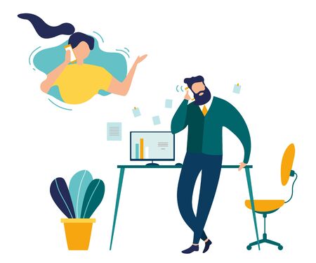 Phone Call from Office Flat Vector Concept. Businessman Talking with Woman on Phone, Employee Calling Wife During Break in Office, Company Manager Making Call to Client Illustration. Customer Supportのイラスト素材