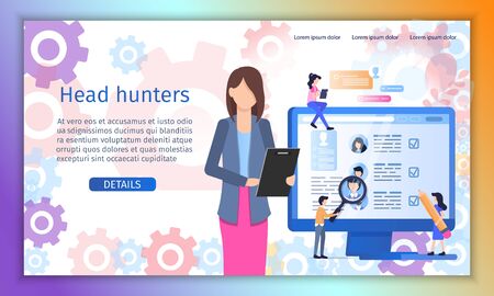 Head Hunter, Employment, Personnel Recruitment Agency Flat Vector Web Banner or Landing Page Template. Hr Manager Reading Job Applicants Resume, People Searching Job Opportunities Online Illustrationのイラスト素材