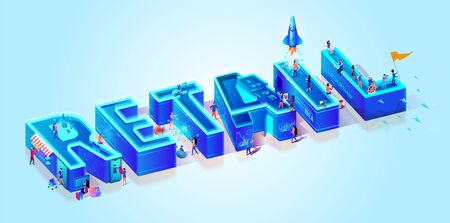 Vector 3d Neon Isometric Word Retail on Light Blue Gradient Background. Little People Characters Moving Among Huge Letters Using Gadjets and Devices in Life for Shopping, Gaming, Business, Teamwork.のイラスト素材