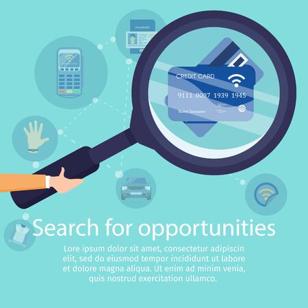Search for Opportunities with NFC Technology Flat Vector Adv Banner. Banking Digital Services Poster Template. Human Hand Holding Magnifying Glass, Magnifying Credit Cards with NFC Chip Illustrationのイラスト素材