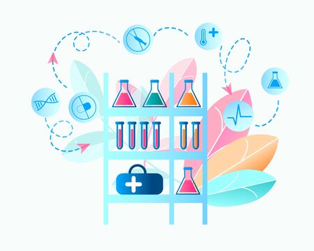 Illustration Medical Laboratory Researching Virus. Vector Image Rack on Which Medical Equipment is Located. Shelf with Ampoule, Flask, Set Medical Drug. Biological Research Virus. on White Backgroundのイラスト素材