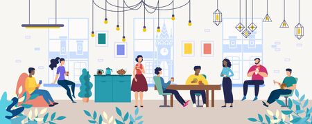 Lunch, Coffee Break with Colleagues in Company, Coworking Office Flat Vector Concept. Multinational Employees, Workers Gathering Together for Informal Conversation on Kitchen, Lounge Room Illustrationのイラスト素材