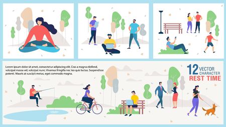 City Citizen Outdoor Recreation and Rest Trendy Vector Banner or Poster Template with People Networking, Walking with Pet, Meeting with Friends and Colleagues, Fishing, Meditating in Park Illustrationのイラスト素材