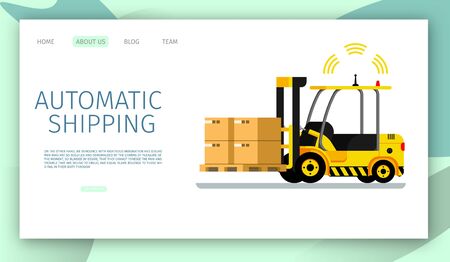 Automatic Shipping Car Lifting Warehouse Cargo Up. Safe Signal Radar Working. Side View of Mechanical Yellow Loader Carring Cardboard Box. Robotic Transpotation. Flat Cartoon Vector Illustrationのイラスト素材