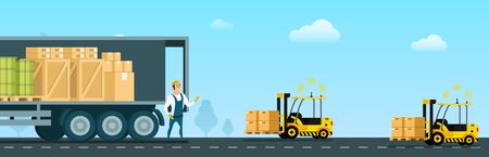 Automatic Forklift Car Carrying Freight to Truck. Open Delivery Van Full of Goods, Box, Tank. Warehouse Worker Character in Uniform Standing Infront. Flat Cartoon Vector Illustrationのイラスト素材