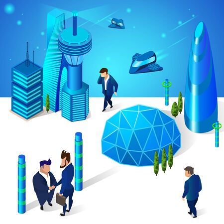 Business People Living in Modern City with Futuristic Architecture. Glass Sphere Dome and Multistorey Buildings. Walking at Street. Spaceships Airplane Flying. 3D Isometric Cartoon Vector Illustrationのイラスト素材
