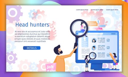Head Hunter, Recruitment Agency Flat Vector Web Banner or Landing Page Template. Company Leader, Human Resources Manager, Employment Specialist Searching, Analyzing Job Applicants Resume Illustrationのイラスト素材