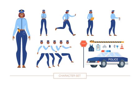 African-American Policewoman in Uniform Character Constructor Isolated, Trendy Flat Design Elements Set. Female Police Officer Body Parts, Emotions, Patrol Car, Road Signs, Ammunition Illustrationsのイラスト素材