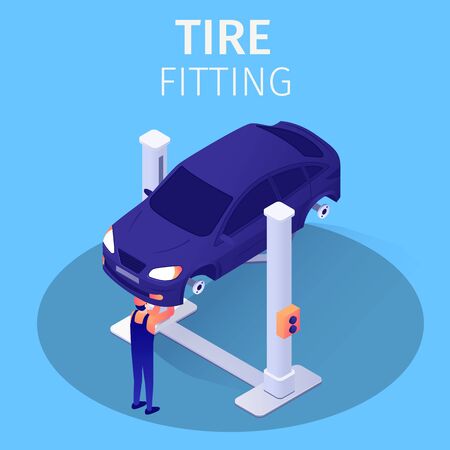 Tire Fitting Process in Automotive Repair Service. Banner with Isometric Car Raised by Twin Post Lifts. Master Stands under Automobile Checking Wheel Balance, Replacing Tyres. Vector 3d Illustrationのイラスト素材