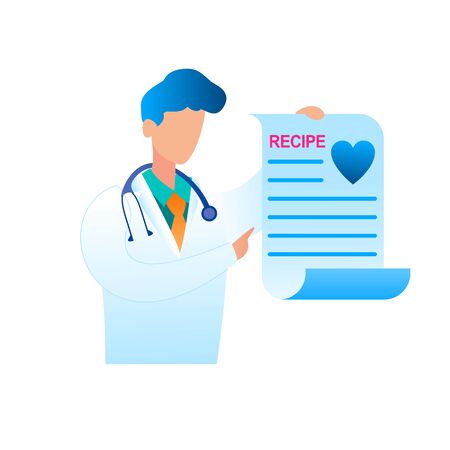 Vector Doctor Holding Prescribed Treatment Recipe. Illustration Male Pediatrician in Medical Uniform. Recipe Treating Patient Disease. Health Care System. Modern Medicine. Isolated on White Backgroundのイラスト素材