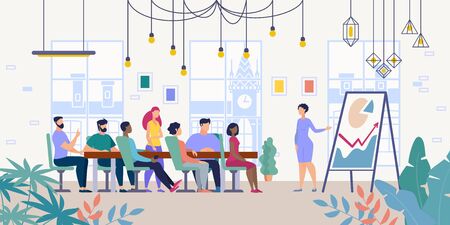 Business Project Presentation, Company Financial Strategy Planning Flat Vector Concept with Female Leader Showing Infographics on Flipchart for Company Employees in Office Meeting Room Illustrationのイラスト素材
