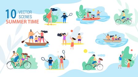 Family Summer Time Scenes, Summer Vacation Activities Trendy Vector Set Isolated on White Background. Parents with Kids Sailing and Fishing from Boat, Riding Bike, Playing Active Games Illustrationのイラスト素材