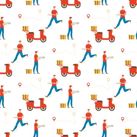 Pizza Delivery Service Trendy Flat Vector Seamless Pattern. Fast Food Restaurant Deliveryman in Uniform, Running While Delivering Order, Motor Scooter with Container Illustration on White Backgroundのイラスト素材