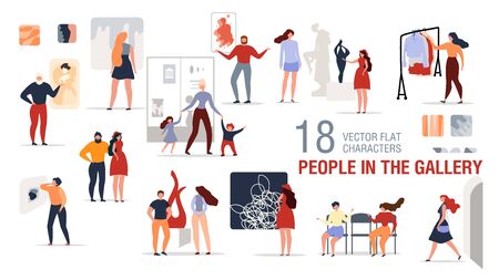 People Characters in Art Gallery Trendy Flat Vector Set Isolated on White Background. Female, Male Tourists, Mother with Children Visiting Paintings, Sculpture, Modern Art Exhibition Illustrationのイラスト素材