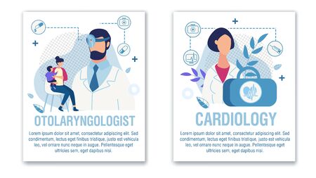 Banner Set Offer Otolaryngologist Cardiologist Aid. Online Medical Services for Adults and Children Ear, Nose, Throat and Heart Disease Diagnosis and Treatment. Vector Cartoon Illustrationのイラスト素材