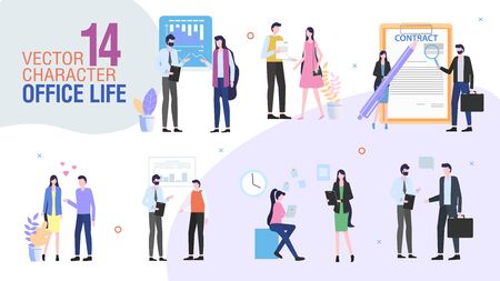 Business Company Office Workers Trendy Flat Vector Characters Set. Female, Male Employees or Entrepreneurs Talking, Communicating with Colleagues, Singing Contract, Planning Strategy Illustrationのイラスト素材