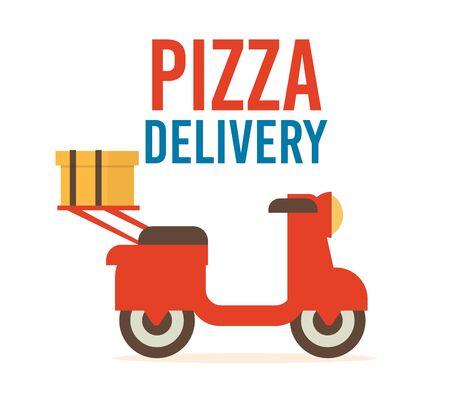 Pizza Restaurant Express Delivery Service Flat Vector Advertising Banner, Promotion Poster or Logo Template with Container for Clients Order on Motor Scooter Isolated on White Background Illustrationのイラスト素材