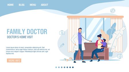 Online Service for Calling Family Doctor to Home. Landing Page Trendy Flat Design. Cartoon Podiatrist Visiting Sick Child for Disease Detection and Treatment. Therapist House Call. Vector Illustrationのイラスト素材
