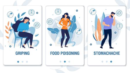 Cartoon People Characters with Weakness Symptoms, Suffering from Pain. Griping, Food Poisoning, Stomachache. Mobile Social Media Landing Page Set. Telemedicine. Foliage Design. Vector Illustrationのイラスト素材