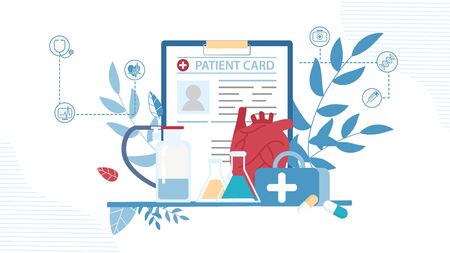Heat for Transplantation, Patient Card with Analysis Results, Medication Case with Drugs and Pills, Test Jar and Flasks with Liquid Cartoon. Flat Medical Poster. Vector Cardiology Illustrationのイラスト素材