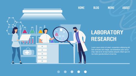 Medical Laboratory Research Center. Chemical Researchers in White Coat and Lab Equipment at Work. Drug Development, Sample Analysis for Disease Diagnosis. Flat Landing Page. Vector Illustrationのイラスト素材