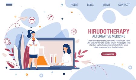 Hirudotherapy Alternative Medicine Landing Page Trendy Flat Design. Online Healthcare Service. Consultation via Internet. Cartoon Doctor on Laptop and Holds Leeches in Jar. Vector Illustrationのイラスト素材