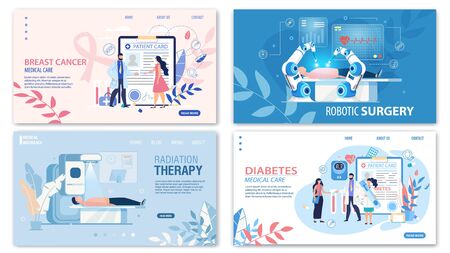 Online Medical Services Flat Landing Page Set. Breast Cancer Medicare, Robotic Surgery, Radiation Therapy, Diabetes Treatment and Control. Cartoon Doctors and Patients. Vector Illustrationのイラスト素材