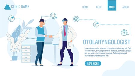 Landing Page Offering Otolaryngologist Help Order. Adult Man Patient Suffering from Ear Pain Visiting ENT Doctor. Cartoon People Characters and Medical Services. Vector Flat Illustrationのイラスト素材