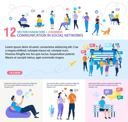 Social Network Communication Technologies, Online Messaging Service, Internet Startup Trendy Flat Vector Web Banner, Landing Page Templates Set. People Characters Using Cellphone, Laptop Illustrationのイラスト素材