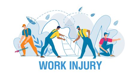 Medical Work Injury Flat Poster with Cartoon Man Workers Characters in Uniform Suffering from Different Kinds of Pain. Fracture, Sprain, Torsion Deformity, Amputation, Wound. Vector Illustrationのイラスト素材