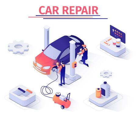 Advertising Isometric Banner Template with Car Painting and Polishing Service. Masters Work with Modern Equipment, Paint-Spraying Pistol. Automobile Tuning. Vector Isometric 3d Illustrationのイラスト素材