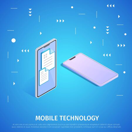 Mobile Technology Square Banner with Copy Space. Mobile Cellphone Gadget in Different Positions on Blue Neon Glowing Gradient Background with Abstract Tech Pattern. 3D Isometric Vector Illustrationのイラスト素材