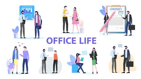 Office Life Group Man Woman Colleague Team Work Talk Discuss Contract Sign vector Illustration. Businessman Businesswoman Communication Coworker Frienship Love People Meeting Company Staffのイラスト素材