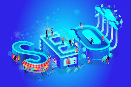 Vector 3d Neon Isometric Word Seo on Gradient Blue Neural Network Background. Little People at Huge Letters Using Futuristic Technology and Devices for Online Education, Shopping, Sport, Info Researchのイラスト素材
