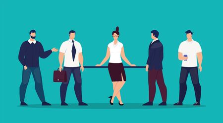 Lady Boss, Company Female Leader, Trendy Flat Vector Concept. Successful Businesswoman, Female Employee, Entrepreneur Character Standing Surrounded Businessmen, Male Office Colleagues Illustrationのイラスト素材