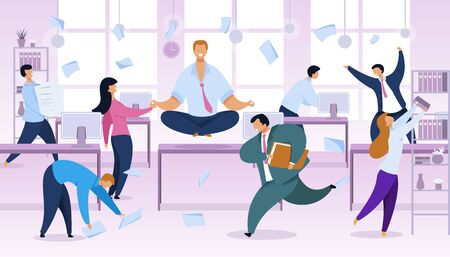 Work Rush, Office Routine Vector Illustration. Businessman in Lotus Position at Workplace. Working-Day, Chaos Color Cartoon Clipart. Time Management Concept. Busy, Stressed Employees Fussingのイラスト素材