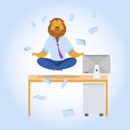 Office Worker with Lion Head Meditating Clipart. Metaphor of Relaxed Businessman as Animals King. Calm Employee at Workplace. Time Management Vector Concept. Man in Yoga Lotus Position Clearing Mindのイラスト素材
