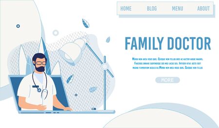 Flat Landing Page Offer Family Doctor Online Service. Choose Personal Specialist via Internet. Cartoon Therapist Male Character on Laptop Screen Giving Consultation. Vector Cartoon Illustrationのイラスト素材