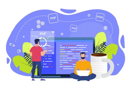 Informational Poster Office Programming Cartoon. Office Life Company Employees. Guy is Standing Near an Interactive Whiteboard and is Programming Data. Man is Sitting with Laptop. Vector Illustration.のイラスト素材