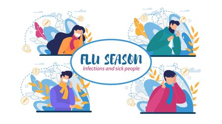Infections and Flu Season Set with Sick People Bundle. Man and Woman Characters Wearing Scarf Feeling Unwell, Having Headache, Runny Nose, Sore Throat and Coughing. Vector Flat Cartoon Illustrationのイラスト素材