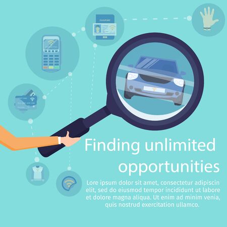 Finding Unlimited Opportunities with NFC Technology Flat Vector Square Advertising Banner. Car Secure Access Promo Poster Template. Human Hand Holding Magnifying Glass, Magnifying Vehicle Illustrationのイラスト素材