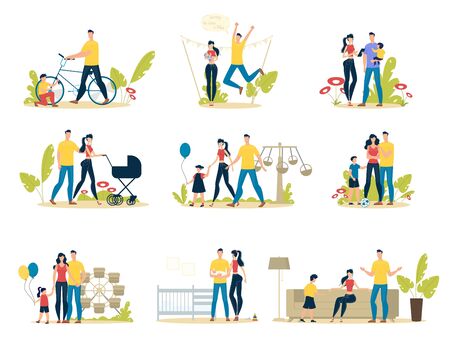 Happy Family Life Scenes Trendy Flat Vector Set. Parents with Child Having Fun in Amusement Park, Father and Son Repairing Bicycle, Couple Walking with Baby, Family Spending Time Together Illustrationのイラスト素材