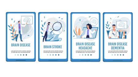 Brain Disease Determination and Treatment Mobile Flat Webpage Set. Landing Page Design Kit with Doctors Giving Online Consultation. Stroke, Headache, Dementia Therapy. Vector Cartoon Illustrationのイラスト素材