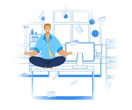 Office Worker Meditating Flat Vector Illustration. Relaxed Businessman in Lotus Position. Calm, Smiling Employee Taking Break During Workday. Time Management Concept. Office Linear Interior Backgroundのイラスト素材