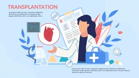 Informative Poster with Cartoon Female Doctor Character Offering Heart Transplantation. Donor Human Internal Organ, Medical Case, Patient Card. Medication Solution. Vector Flat Illustrationのイラスト素材
