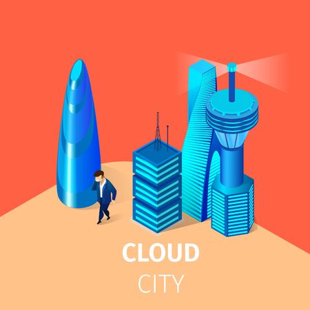 Man Walk at Smart Cloud City. Intelligent Buildings, Automation with Computer Networking. Management System. Iot Platform and Future Technology. 3D Isometric Cartoon Vector Illustration, Square Bannerのイラスト素材