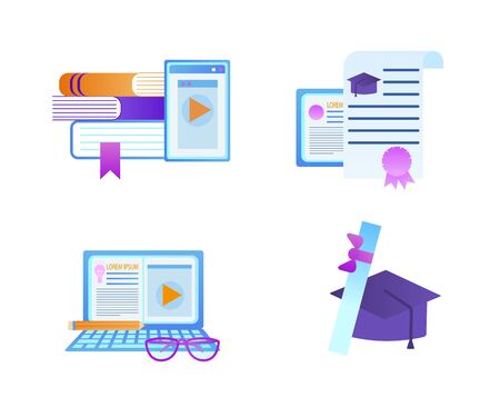 Educational Set of Icons. Textbooks with Tablet, Diploma Certificate with Seal, Laptop with Pencil and Glasses, Square Academic Cap with Scroll Isolated on White Background. Flat Vector Illustration.のイラスト素材